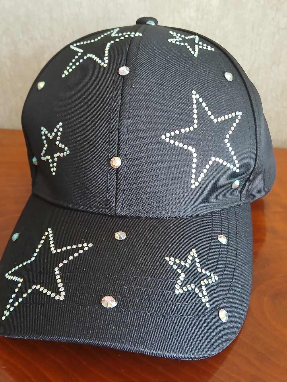Black baseball cap hat with iridescent rhinestone stars new